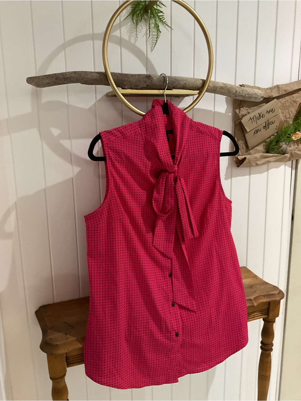 Tommy Hilfiger Hot Pink Sleeveless Tie-Neck Blouse with Micro Dot Print